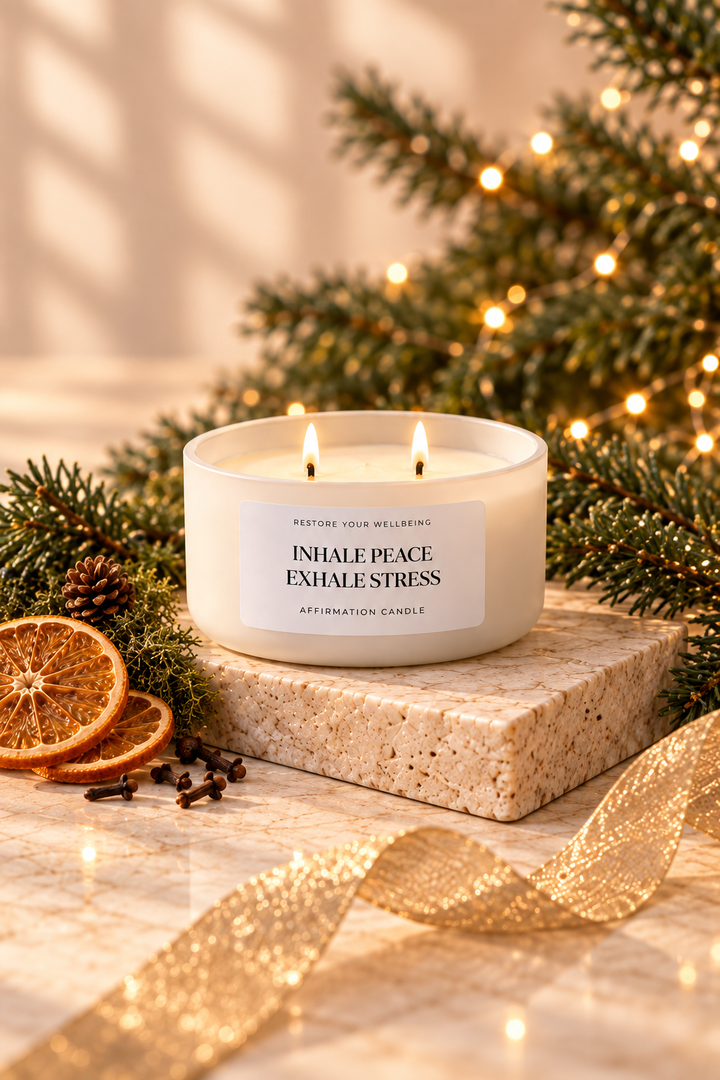 White Calista affirmation candle with two lit wicks, surrounded by dried citrus, cloves, pine, and warm holiday lights