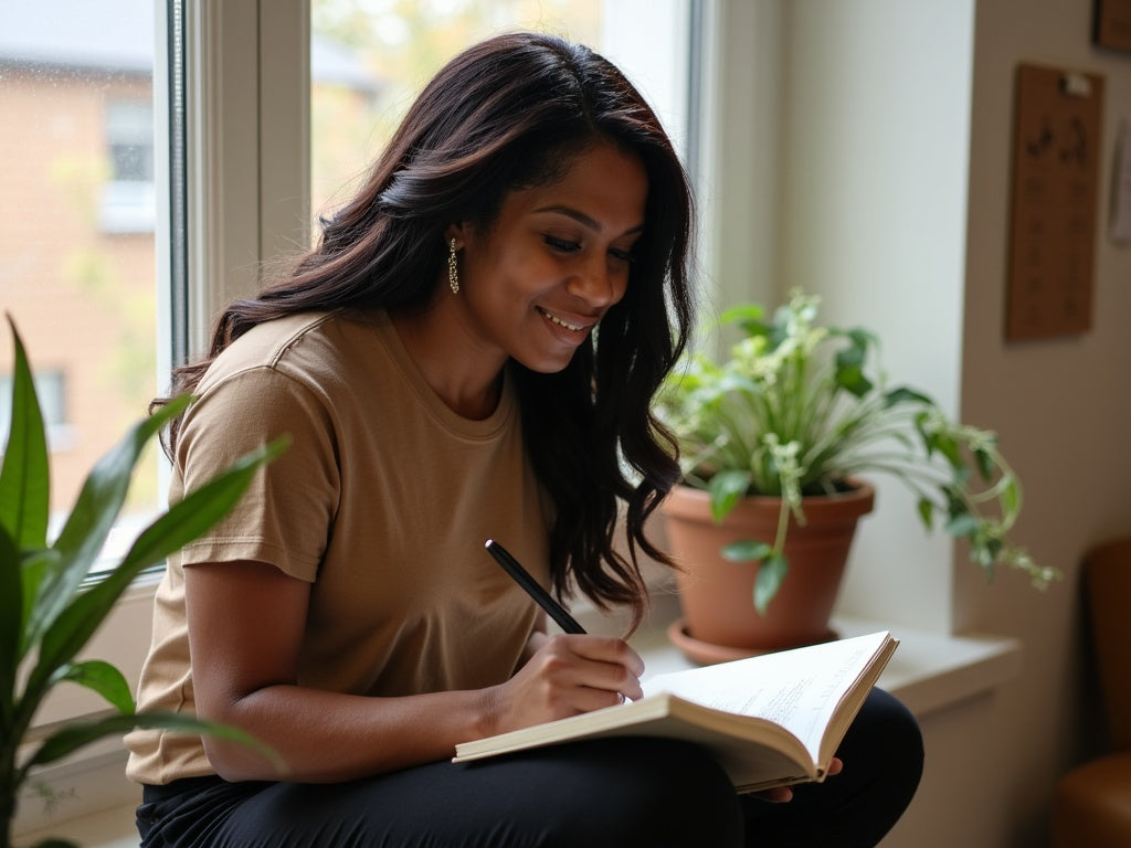 Women sitting by window journaling