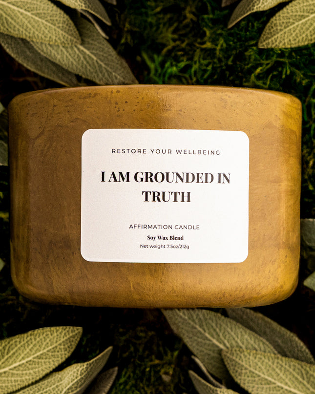 I Am Grounded in Truth | Oakmoss & Amber Soy Affirmation Candle in Olive Green Vessel