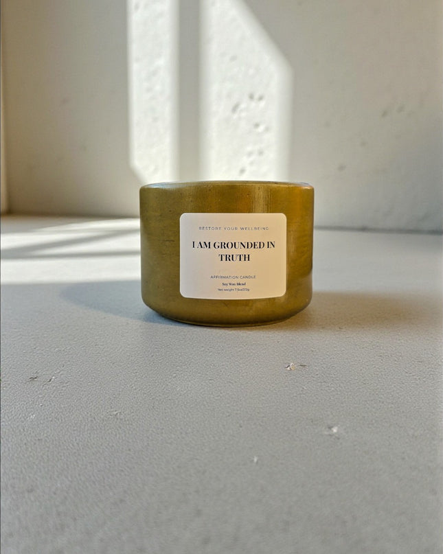 I Am Grounded in Truth | Oakmoss & Amber Soy Affirmation Candle in Olive Green Vessel