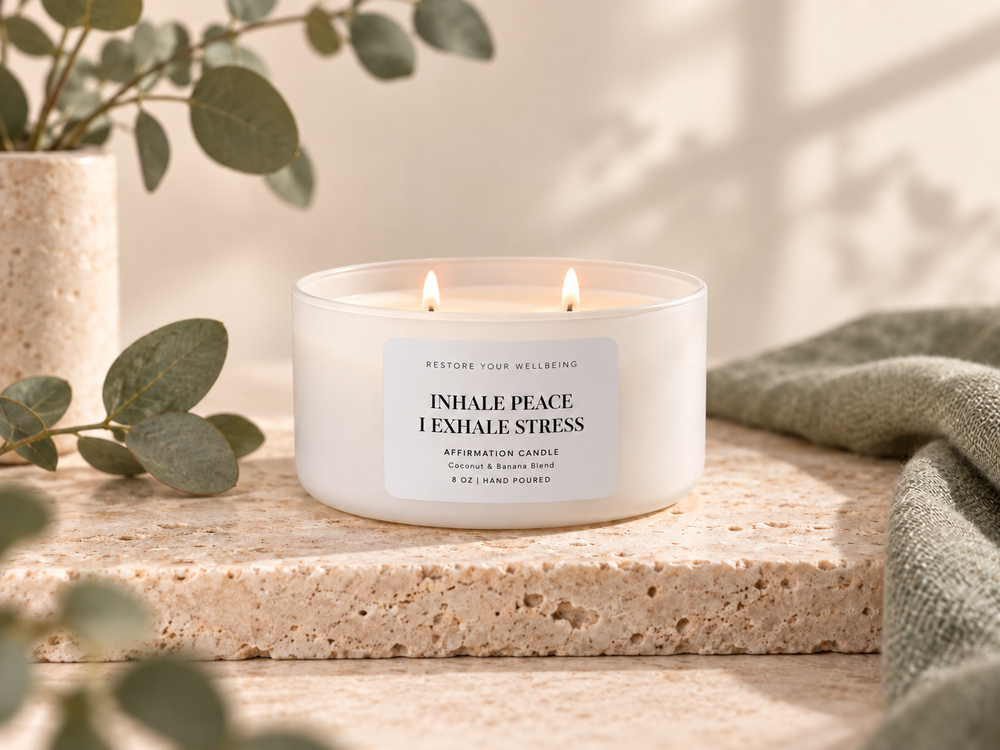 Lit white Restore Your Wellbeing Calista affirmation candle on warm cream stone