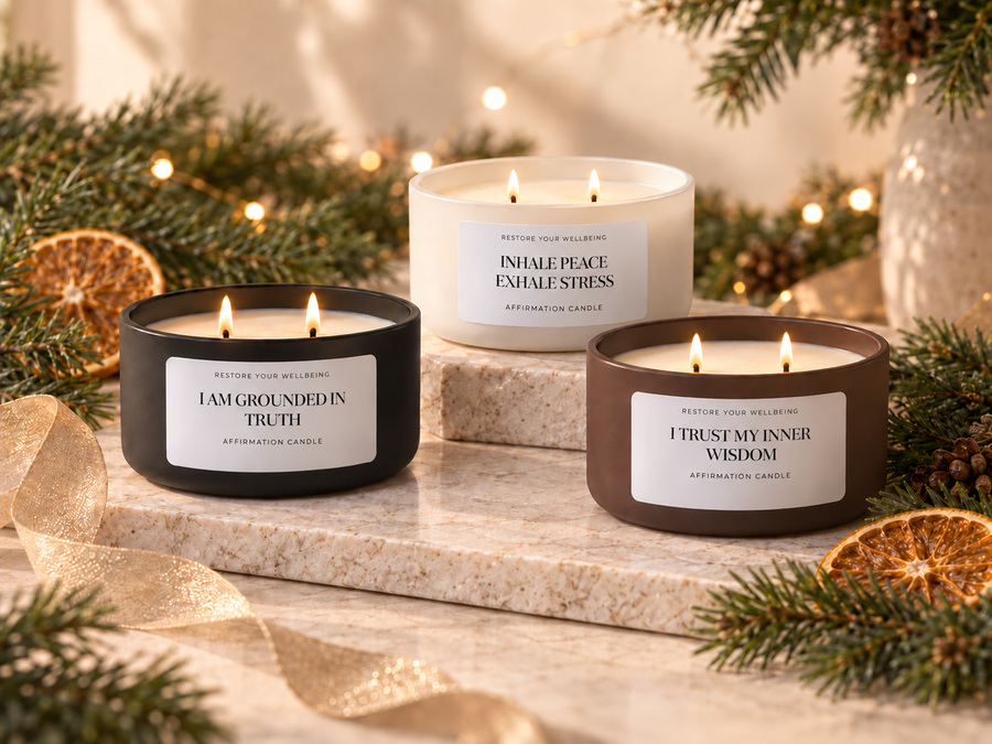 Three lit Restore Your Wellbeing Calista affirmation candles styled for the holiday season
