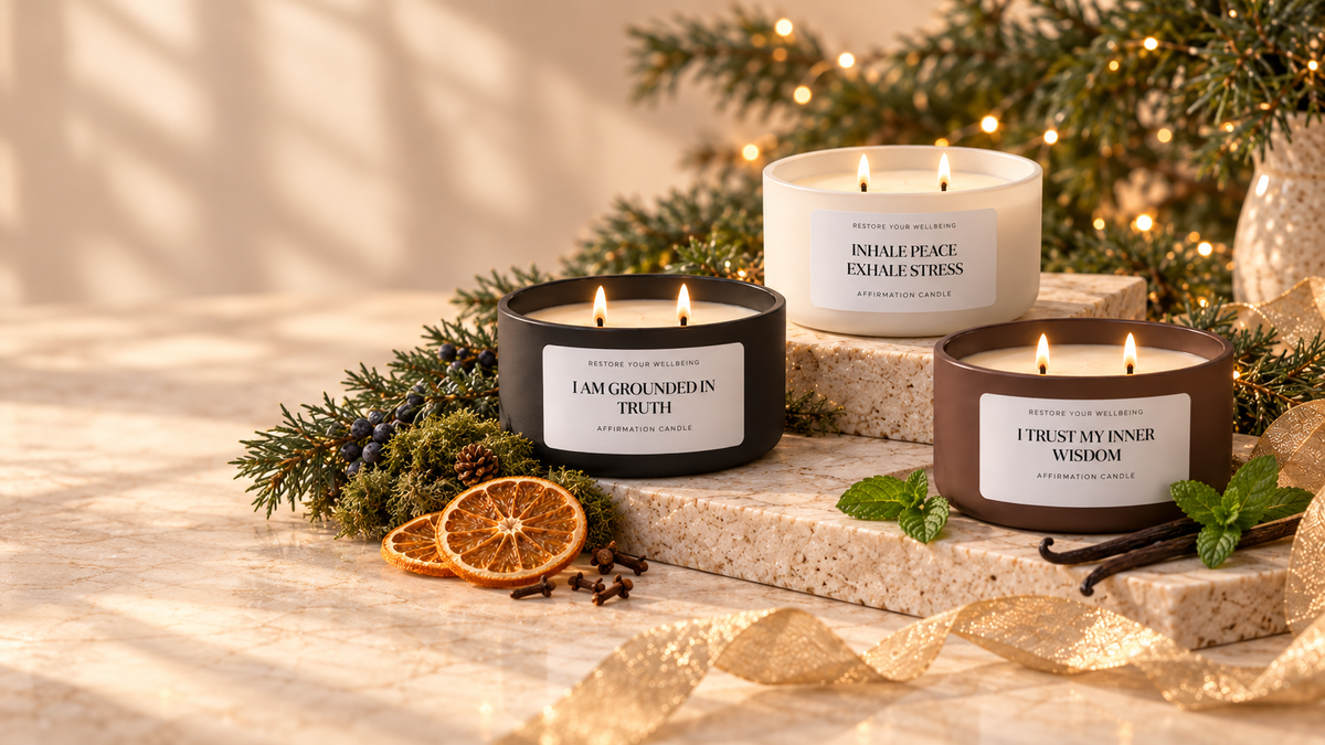 Three Restore Your Wellbeing Calista affirmation candles with all six wicks lit, styled with evergreen branches, dried citrus, mint, vanilla, and warm holiday lights