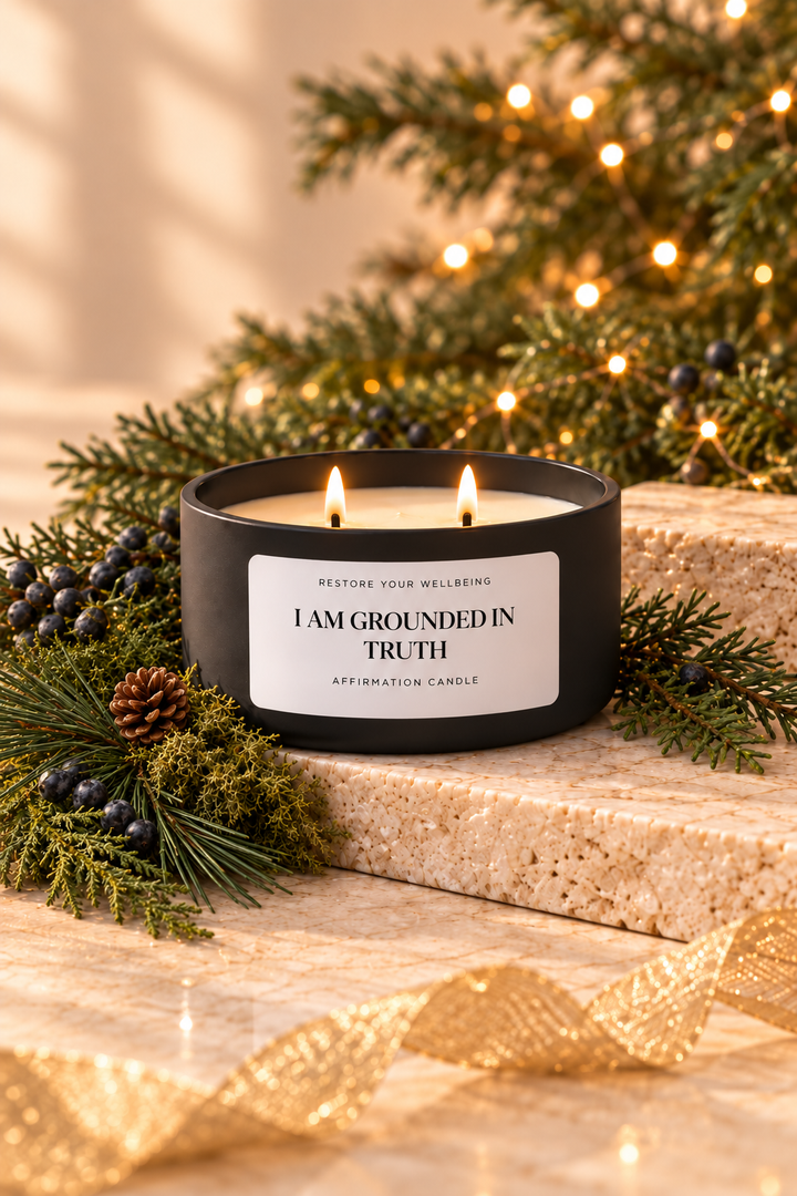 Black Calista affirmation candle with two lit wicks, surrounded by pine, cedar, juniper berries, and moss in a warm holiday setting