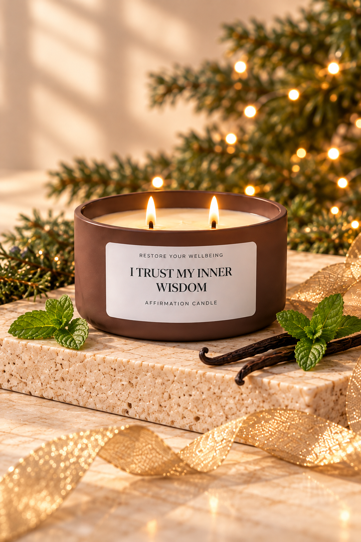Brown Calista affirmation candle with two lit wicks, styled with mint leaves, vanilla beans, greenery, and warm holiday lights