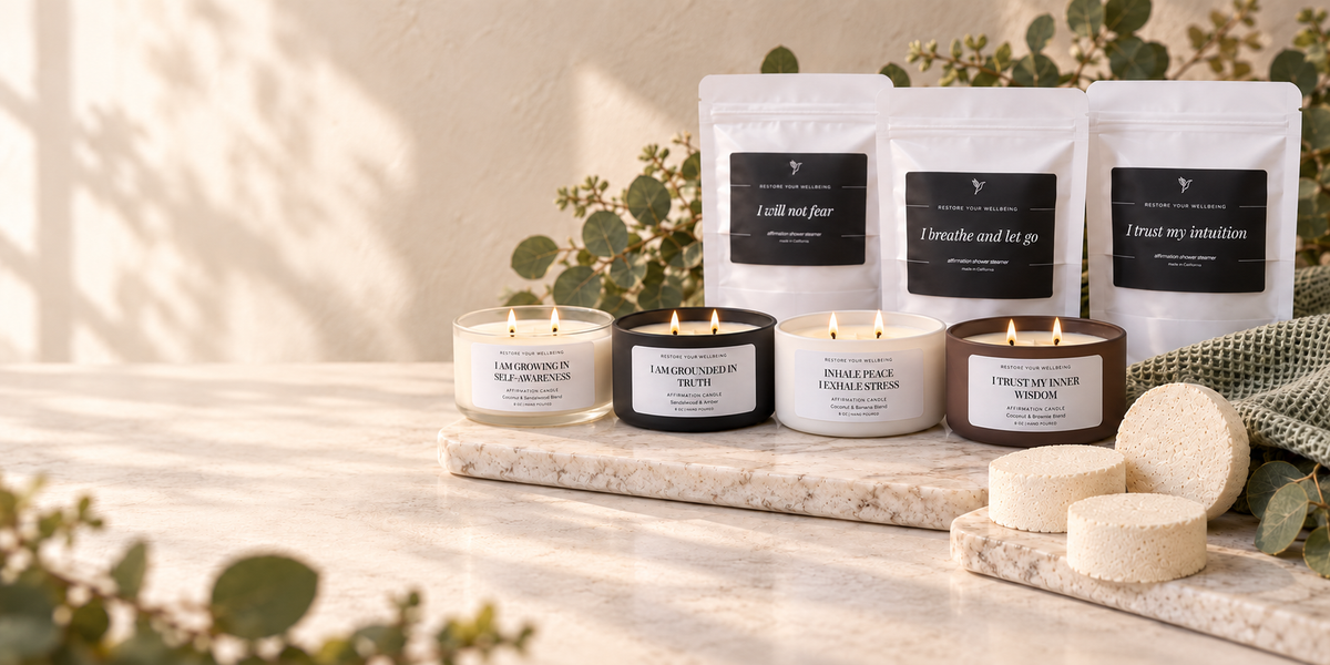 Restore Your Wellbeing 8 oz Calista affirmation candles with packaged shower steamers and round shower-steamer pucks